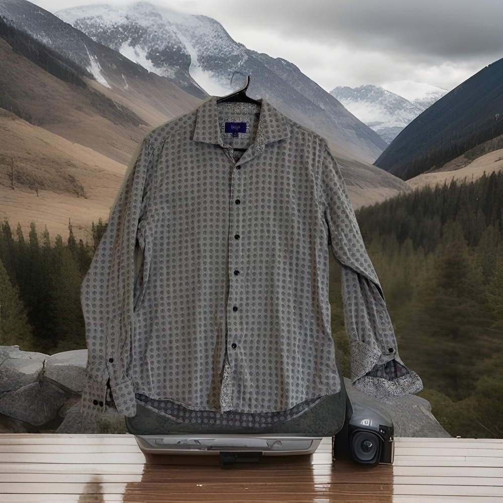 Tallia Shirt Mens Medium Gray Black Pattern Button Up Long Sleeve 100% Cotton